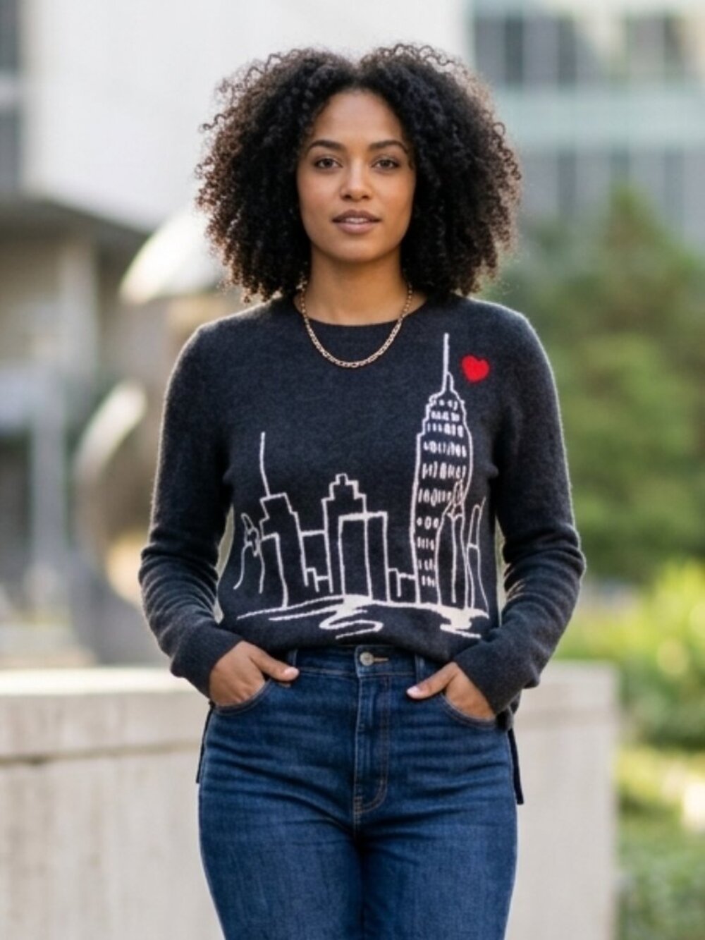 Neiman Marcus Cashmere NYC Skyline Heart Novelty Sweater M Dark Gray